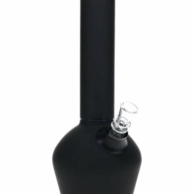 The Chill Rubberized Vacuum-Insulated Steel Bong – Limited Edition – 13″ is a matte black, modern bong featuring a cylindrical neck and an angled clear glass bowl near its rounded base.