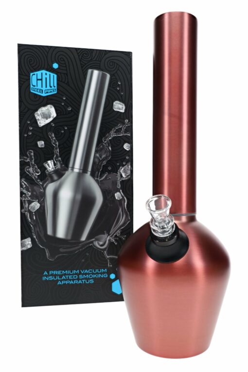 A Chill Rosé Steel Bong – Limited Edition – 13″ in metallic red with a clear glass bowl sits beside its branded box, which shows the bong and reads, "A premium vacuum insulated smoking apparatus.
