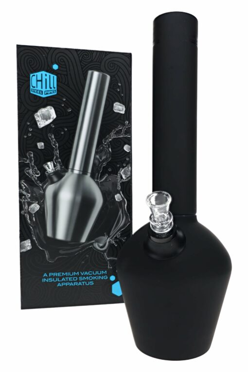 The Chill Rubberized Vacuum-Insulated Steel Bong – Limited Edition – 13″, featuring a glass bowl, stands before packaging with product imagery, ice cubes, water splashes, and the labels "Chill" and "A Premium Vacuum Insulated Smoking Apparatus.