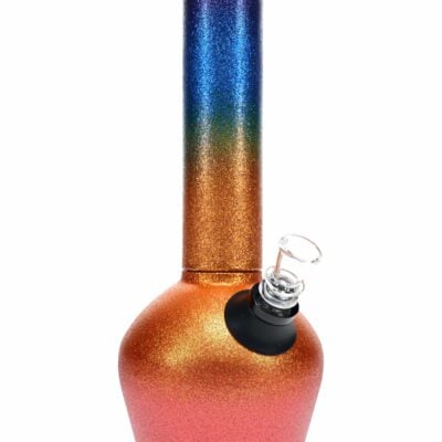 The Chill Glitterbomb Steel Bong – Limited Edition – 13″ features a colorful, glittery design with a cylindrical neck fading from purple to blue to gold and a round base transitioning from gold to pink, plus a glass bowl attached on the side.