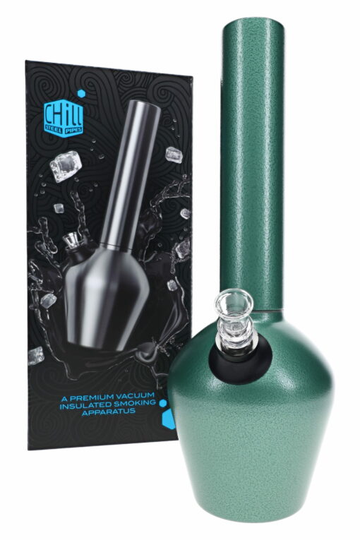 The Chill Armored Vacuum-Insulated Steel Bong – 13″ in green, with a glass bowl, stands before its box, which displays the matching bong along with ice cubes and swirling water designs.