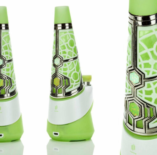 Three views of the Ryan Fitt Neon Puffco Peak Complete Set, a futuristic green and white cone-shaped device with silver geometric patterns and hexagonal designs, displayed against a white background.