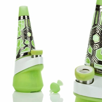 A neon green and white electronic vaporizer with a geometric patterned design, inspired by the Puffco Peak Ryan Fitt edition, is shown with its mouthpiece detached and placed nearby against a white background.