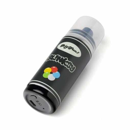 A black cylindrical spray can labeled BIGFUN! Blinksy Vaporizer, with colorful circles on the front and a clear cap over the nozzle, lies on its side.