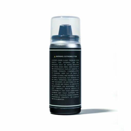 A black BIGFUN! Blinksy Vaporizer spray can with a clear plastic cap stands upright against a white background, featuring a yellow warning label and a dark nozzle beneath the cap.