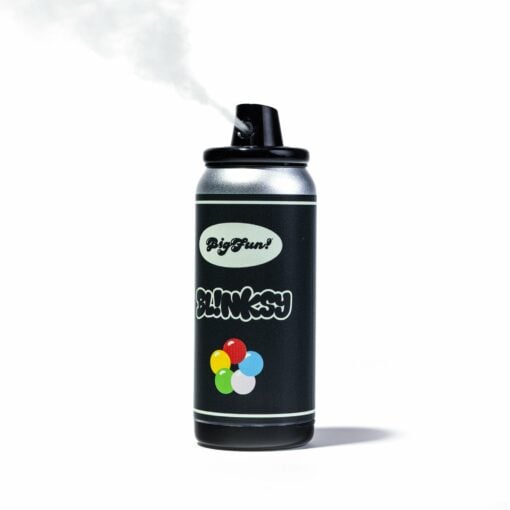 A black spray paint can labeled "BIGFUN! Blinksy Vaporizer," featuring colorful bubbles on the front and spraying a fine mist, is shown against a white background.