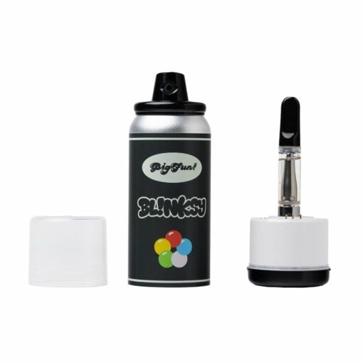A silver spray paint can with a black Blinksy label and colorful dots, cap removed, is beside the BIGFUN! Blinksy Vaporizer cartridge standing upright on a white base.