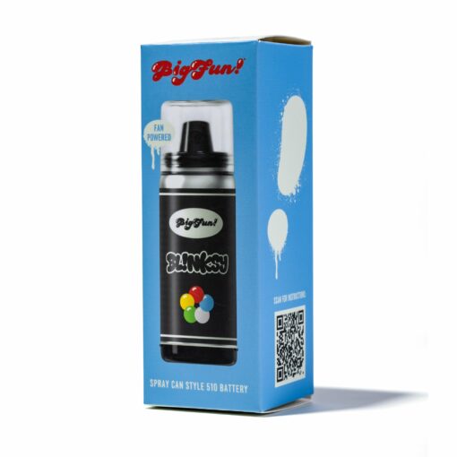 A blue box labeled BIGFUN! Blinksy Vaporizer shows a BANKSY can with colorful paint spots, highlighting the Fan Powered and Spray Can Style 510 Battery, plus a QR code on the front.