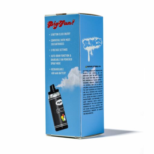 A blue product box for the BIGFUN! Blinksy Vaporizer, with branding, a spray can illustration, and highlights like broad compatibility, adjustable voltage settings, and a rechargeable battery.