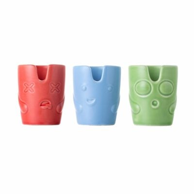 The BigFUN! Potheads Ashtray Set includes three small, colorful ceramic cups with embossed cartoon faces: red with X eyes, blue smiling, and green with calm indents, all set against a white background.