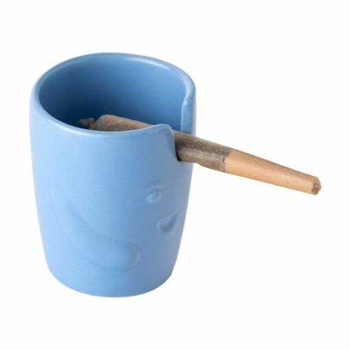 The BigFUN! Potheads Ashtray Set features a blue ceramic cup with a rim slot for holding joints and a simple embossed smiley face, shown isolated on a white background.