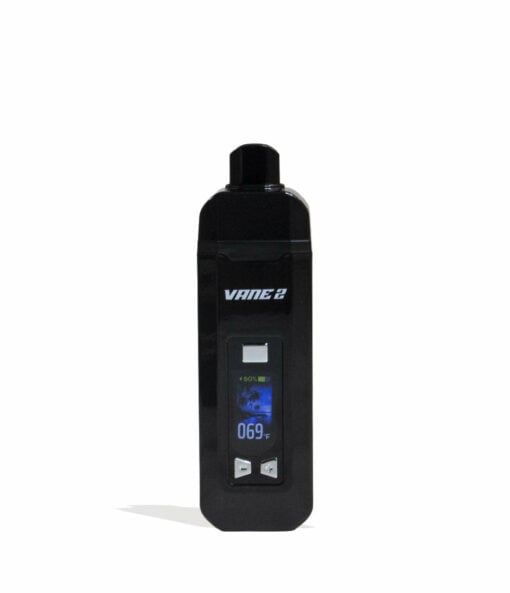 A black Yocan Vane 2 Portable Dry Herb Vaporizer stands upright on a white background, featuring a small digital settings screen and two arrow buttons below the display.