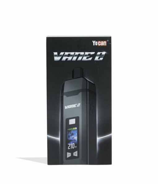 A black box labeled "Yocan Vane 2 Portable Dry Herb Vaporizer" displays the device and its digital screen at 210°F. The white background and shadow beneath highlight this sleek portable dry herb vaporizer.