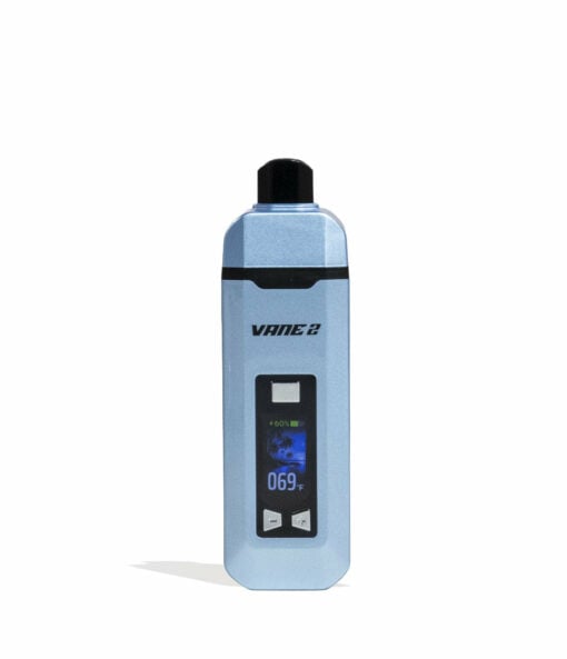 A blue Yocan Vane 2 Portable Dry Herb Vaporizer features a digital display, two white buttons below the screen, a black mouthpiece on top, and “VANE 2” printed above the display.