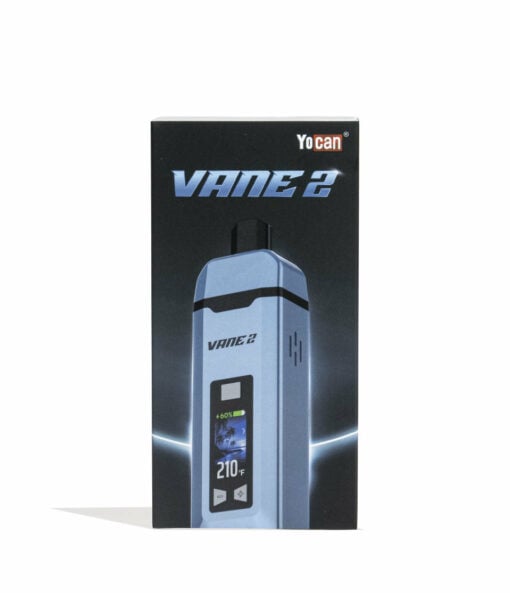 A box featuring the Yocan Vane 2 Portable Dry Herb Vaporizer shows the device with a screen reading 210°F. “VANE 2” and “Yocan” appear at the top of the packaging.