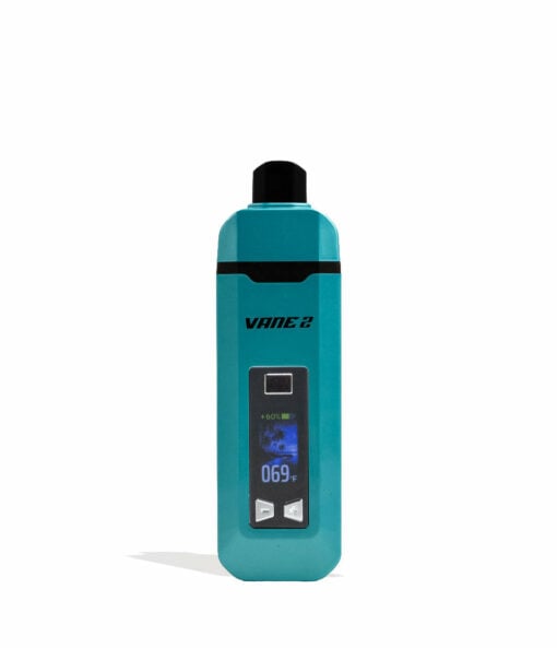 The turquoise Yocan Vane 2 Portable Dry Herb Vaporizer features a compact design with a digital display and two white arrow buttons, shown upright against a white background—ideal for dry herb enthusiasts.