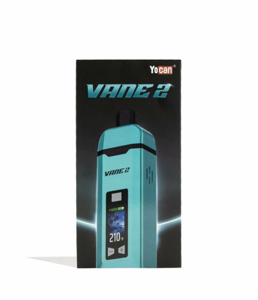 A product box for the Yocan Vane 2 Portable Dry Herb Vaporizer is shown, displaying an image of the teal device with a digital screen and bold "VANE 2" text on a sleek black background.