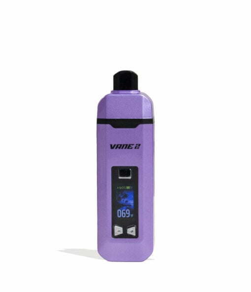 A purple Yocan Vane 2 Portable Dry Herb Vaporizer stands upright on a white background, showcasing its digital display, front control buttons, and the VANE 2 label.