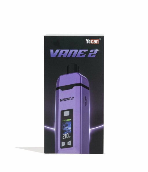 A product box for the Yocan Vane 2 Portable Dry Herb Vaporizer displays a purple device with a digital screen showing 210°F on the front. The box has a black background with purple accents.