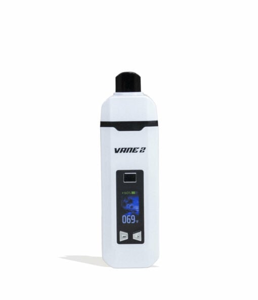 A Yocan Vane 2 Portable Dry Herb Vaporizer in white, featuring a black mouthpiece, small digital display showing "069°F," and two control buttons, is displayed on a white background.