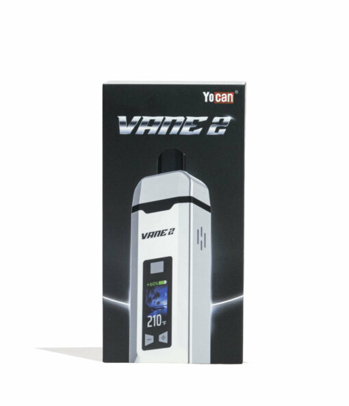 A black and white box for the Yocan Vane 2 Portable Dry Herb Vaporizer shows the device with a digital screen displaying “210°F” and the YoCan brand in the top right corner.