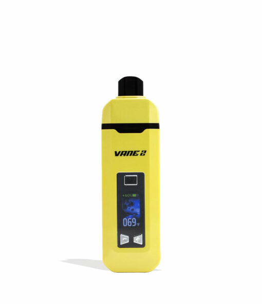 A Yocan Vane 2 Portable Dry Herb Vaporizer in yellow with a black mouthpiece, digital display, and dual control buttons is shown standing upright against a white background.