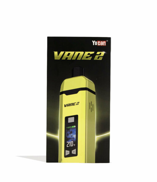 A black and yellow box for the Yocan Vane 2 Portable Dry Herb Vaporizer displays the device with a digital screen showing 210°F and the YoCan brand name in the top right corner.