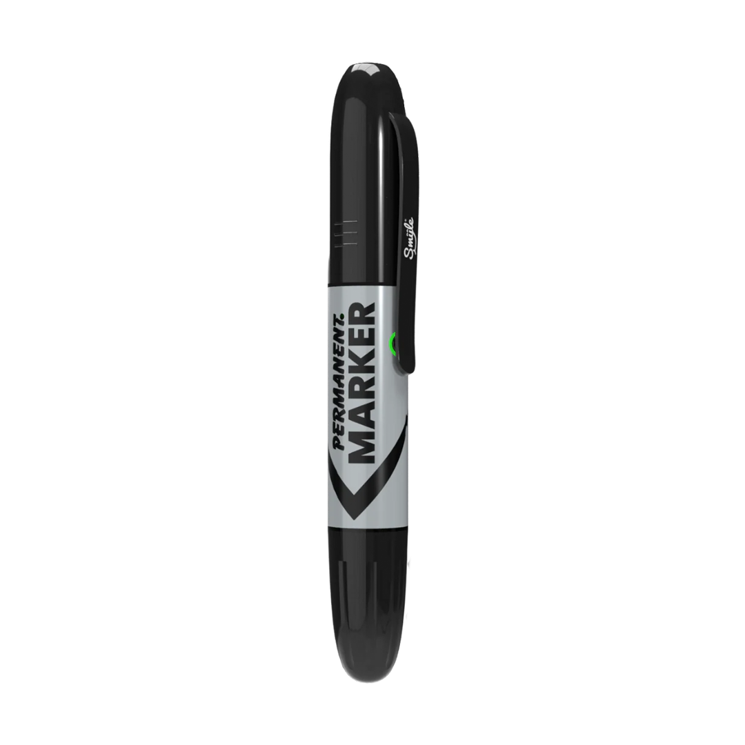 The Penjamin Permanent Marker Vaporizer features a black body, silver label reading PERMANENT MARKER in bold, black cap and clip—blending seamlessly with office supplies to discreetly conceal your vaporizer on any white background.