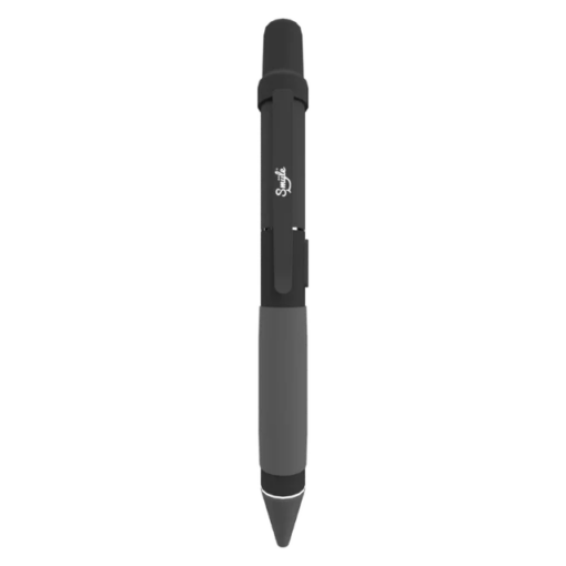 The Penjamin Cart Pen Discreet 510 Battery is a black and gray retractable pen-style 510 battery with a clip and rubber grip, shown vertically on a plain white background. Ideal for discreet vaping needs.