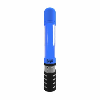 A blue and black Penjamin Danksaber Vaporizer with a cylindrical body, clear center section, and a "Smile" button on the lower black grip.