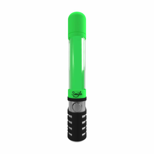 The Penjamin Danksaber Vaporizer, in green and black with a transparent midsection and "Smile" on the silver base band, has a minimalist cylindrical design reminiscent of futuristic tech, set against a plain white background.