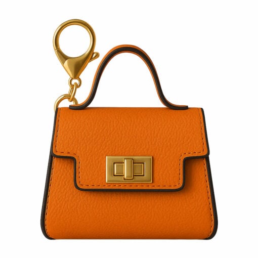 An orange miniature Penjamin Pursejamin Vaporizer with a gold clasp and handle, featuring a gold turn-lock closure on the front and black edging details.