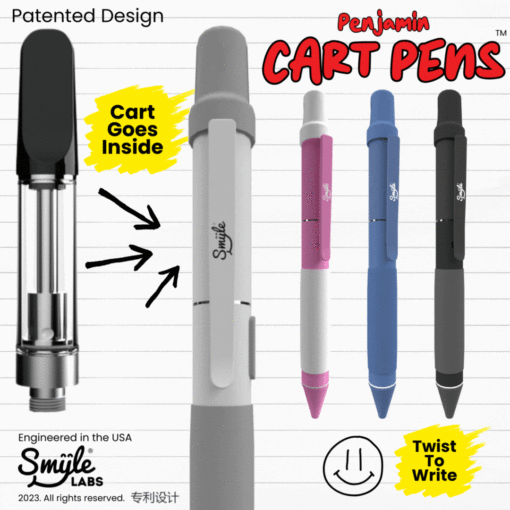Four colorful Penjamin Cart Pen Discreet 510 Batteries are shown. One is open, revealing the cartridge. Text highlights the patented design, discreet 510 compatibility, and innovative features from Smile Labs.