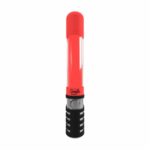 A red and black Penjamin Danksaber Vaporizer with a cylindrical body, rounded red tip, and black handle featuring a button and grip lines. The word Smile is printed near the base.