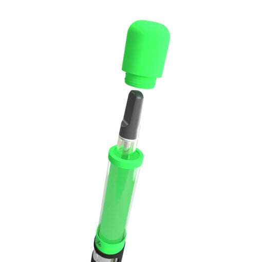 A close-up of a Penjamin Danksaber Vaporizer with a transparent body filled with green liquid and a gray nozzle, shown with its bright green cap removed and hovering above the tip.