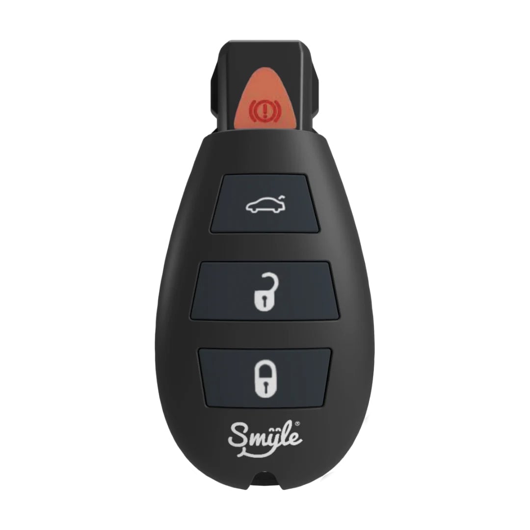 The Penjamin Car Key Vaporizer is a black fob with four buttons: a red one at the top, symbols for car trunk, unlock, and lock. “Smile” is printed at the bottom.