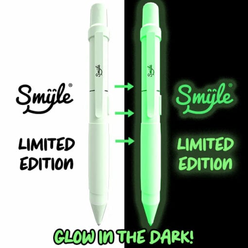 Split image of a white Penjamin Cart Pen Discreet 510 Battery labeled Limited Edition on the left and the same pen glowing green in the dark on the right, with "Glow in the dark!" at the bottom.