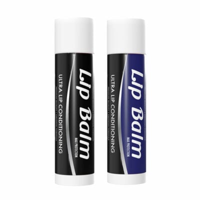 Two tubes of Penjamin Lip Balm Vaporizer with white caps are shown. One has a black label, the other dark blue. Both labels read: Lip Balm, Ultra Lip Conditioning, and MAX Protection.