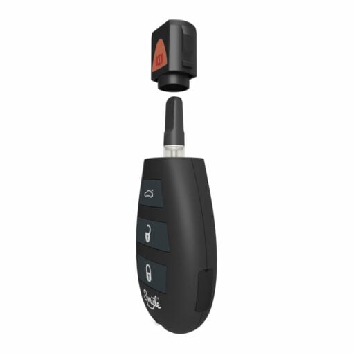 The Penjamin Car Key Vaporizer is a sleek black device resembling a car key fob, with three buttons and a small mouthpiece. Its red cap is shown detached and floating above the vaporizer.