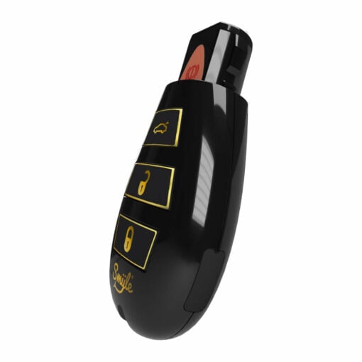 The Penjamin Car Key Vaporizer features a black fob with gold-trimmed trunk, unlock, and lock buttons, a red button on top, and "Simply" in gold at the bottom. It’s angled upward against a white background.
