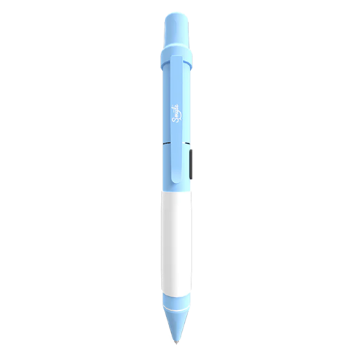 The Penjamin Cart Pen Discreet 510 Battery, a blue and white retractable pen with a clip, stands vertically on a plain light gray background.