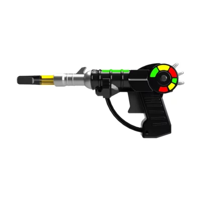 A black and silver Raygun Vaporizer Battery with a green and red circular detail on the side, yellow accent near the barrel, and a grip handle, resembling a futuristic sci-fi weapon. Glow in the Dark accents add extra flair.
