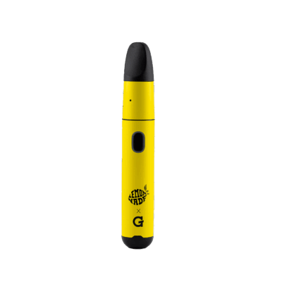 The Lemonnade X G Pen Micro+ Vaporizer, featuring a yellow and black design, rounded mouthpiece, power button, and "LEMONADE x G" text on the body, stands upright against a plain white background.