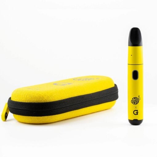 A Lemonnade X G Pen Micro+ Vaporizer in yellow and black stands upright beside a matching yellow zippered carrying case, both featuring sleek black branding and logos, on a white background.