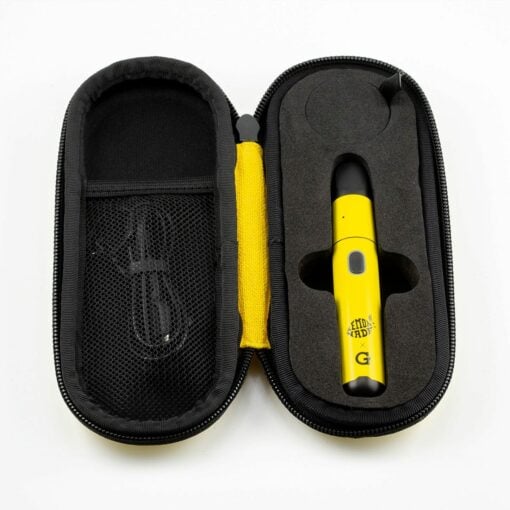 A black zippered case opens to reveal a yellow Lemonnade X G Pen Micro+ Vaporizer with G branding and a power button, plus a mesh pocket containing a USB charging cable.