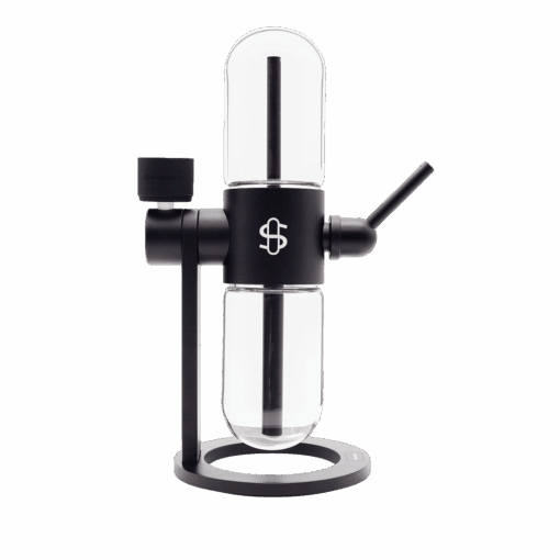 The Stündenglass Gravity Infuser | 360° Gravity Hookah & Infusion System features a modern, black cylindrical design with glass elements, a round base, handle, spout, minimalist look, and a white logo on the front.
