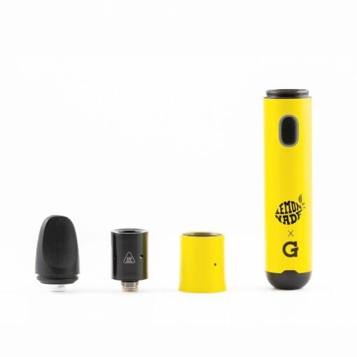 Four parts of the Lemonnade X G Pen Micro+ Vaporizer in yellow—a mouthpiece, black chamber, yellow ring, and yellow main body labeled Lemonnade x G—are arranged in a row on a white background.
