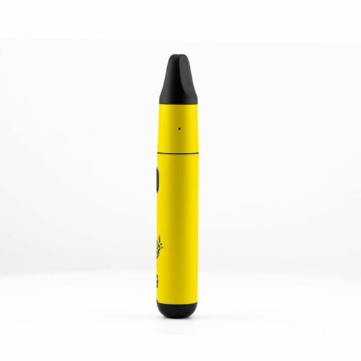 A Lemonnade X G Pen Micro+ Vaporizer, yellow and pen-shaped with a black mouthpiece and small button, stands upright against a plain white background.