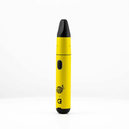 A Lemonnade X G Pen Micro+ Vaporizer in yellow with a black mouthpiece stands upright on a white background, displaying Lemonnade branding, a button, and a small screen.
