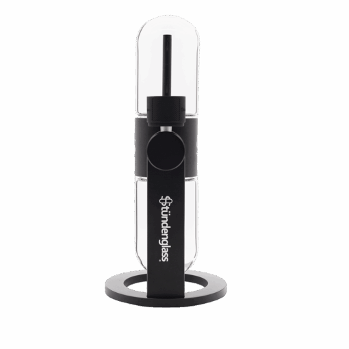 The Stündenglass Gravity Infuser | 360° Gravity Hookah & Infusion System, in sleek black and glass with logo, features a cylindrical design and sturdy circular base, displayed against a plain white background.